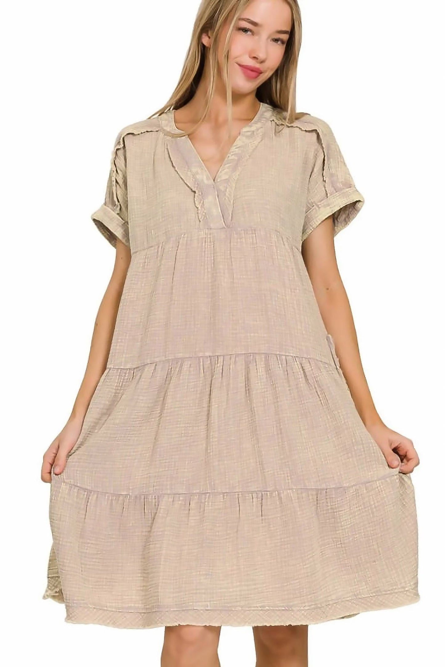 Zenana Washed Double Gauze Raw Edge Notched Dress 3 Image