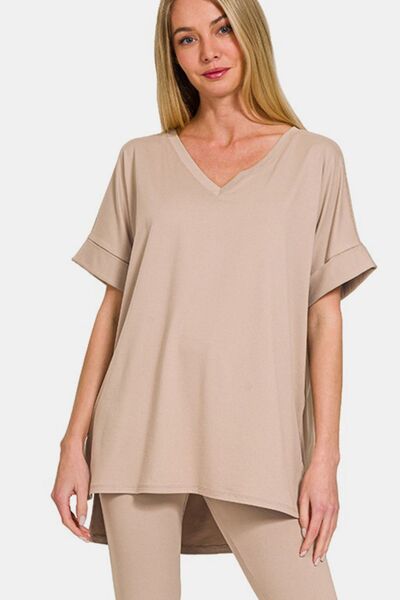 Zenana Full Size V-Neck Rolled Short Sleeve T-Shirt and Leggings