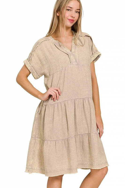 Zenana Washed Double Gauze Raw Edge Notched Dress 1 Image
