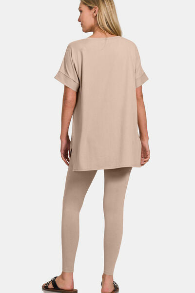Zenana Full Size V-Neck Rolled Short Sleeve T-Shirt and Leggings