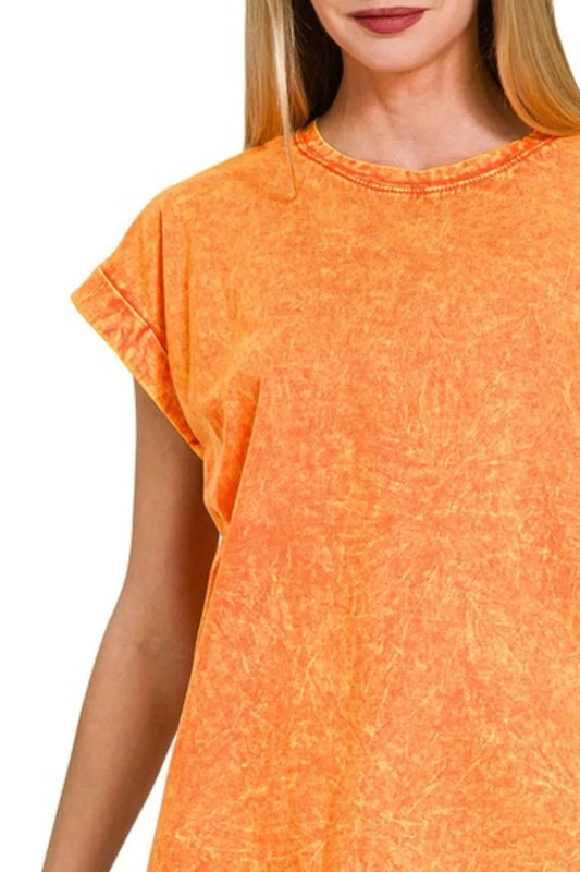 Zenana Crinkle Washed Round Neck Folded Short Sleeve Tee