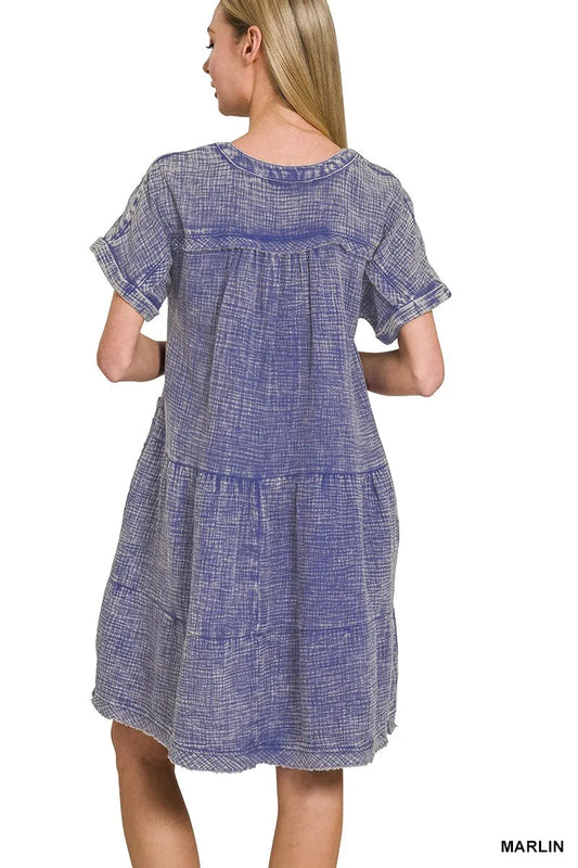 Zenana Washed Double Gauze Raw Edge V-neck Dress